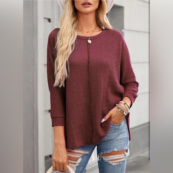 Dokotoo Womens Waffle Knit Tops Oversized Long Sleeve Shirts Crewneck Size M - Picture 3 of 10